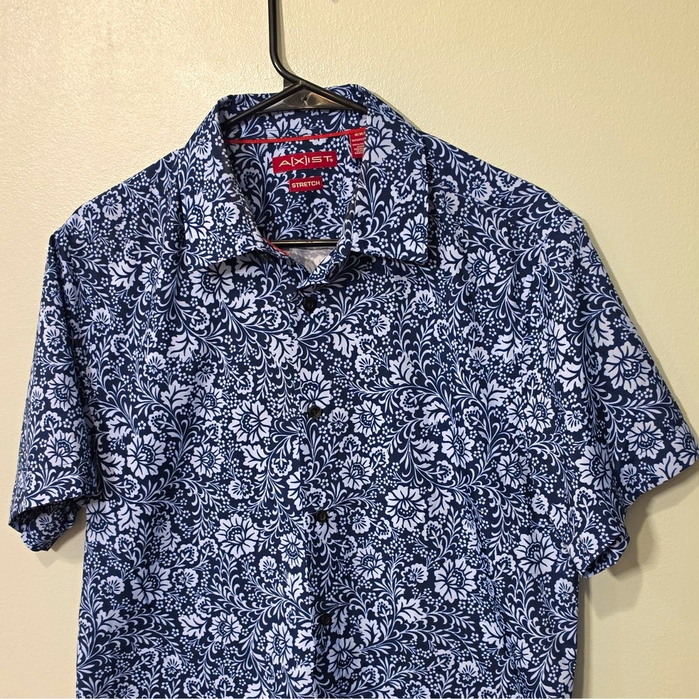 A|X|I|S|T Men's Woven Polyester SS Button-Up Hawaiian Floral M Blue/White #208